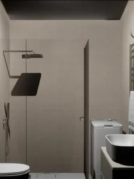 Modernly equipped bathroom with a walk-in shower, washbasin, and washing machine. - image 23