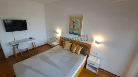Nameštena spavaća soba sa bračnim krevetom, radnim stolom i televizorom. - image 17