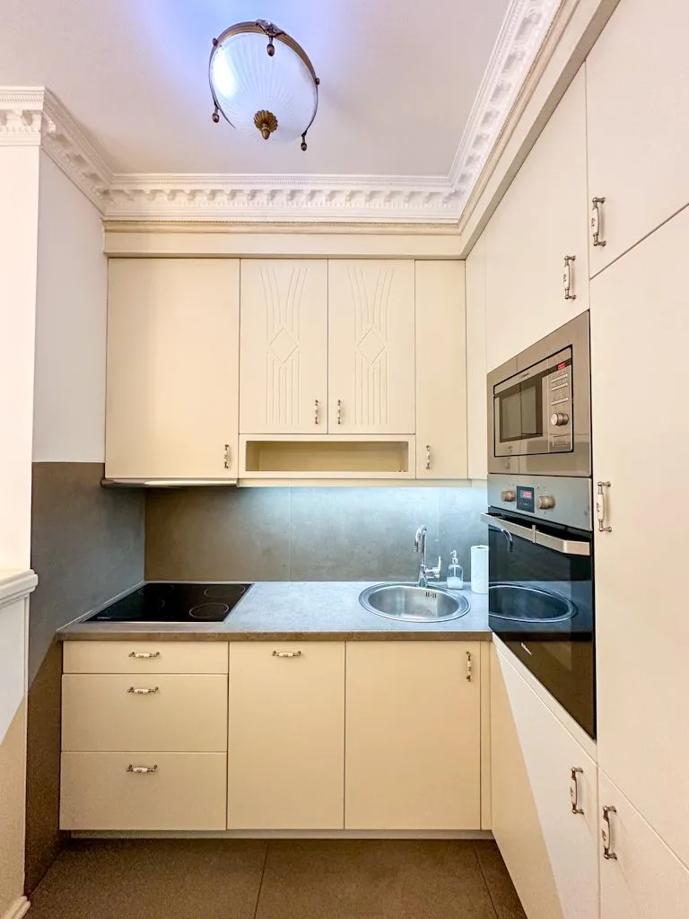 Small bright kitchen with built-in cabinetry and appliances.