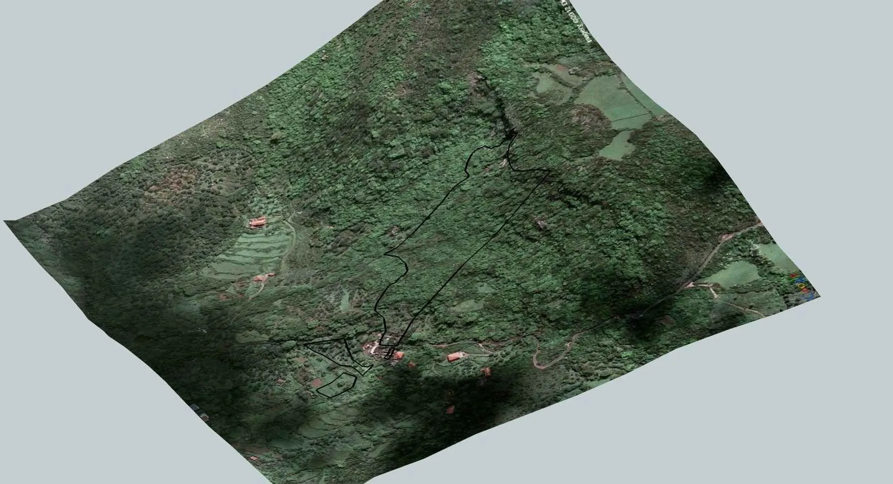 3D prikaz katastarske parcele sa označenim granicama na terenu.