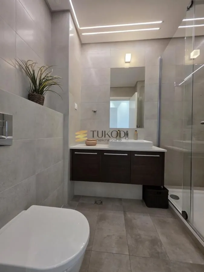 Modern bathroom with a walk-in shower, washbasin, and wall-mounted toilet.