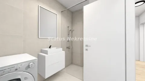 Modern bathroom with a walk-in shower, washbasin, and washing machine. - image 9