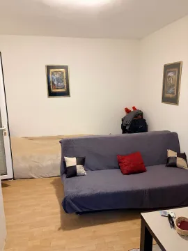 Dnevna soba sa sivom sofom, krevetom i slikama na zidu. - image 3