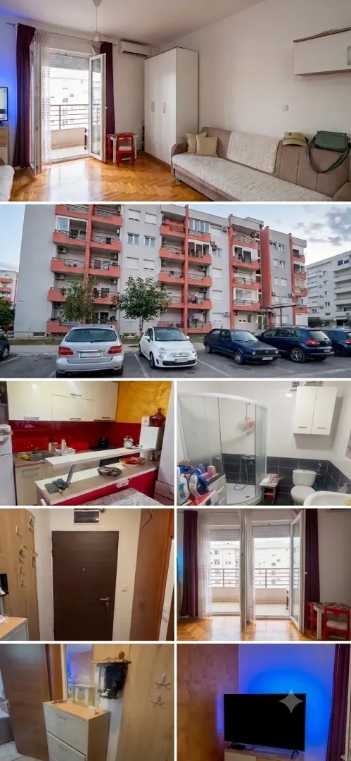 A collage of photos showing the interior and exterior of a residential building.