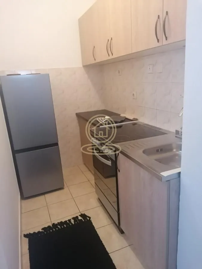 Manja kuhinja opremljena osnovnim elementima i belom tehnikom.