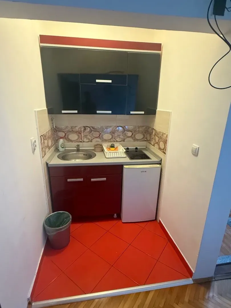 Manja čajna kuhinja sa sudoperom, šporetom i frižiderom.
