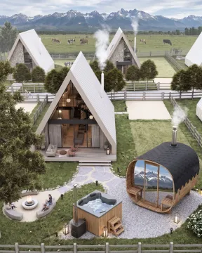 Aerial view of a complex of modern A-frame houses with a yard, hot tub, and sauna. - image 8
