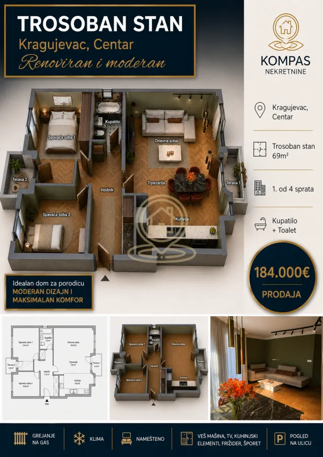 Prodaja, trosoban stan, 69m², Centar, Kragujevac
