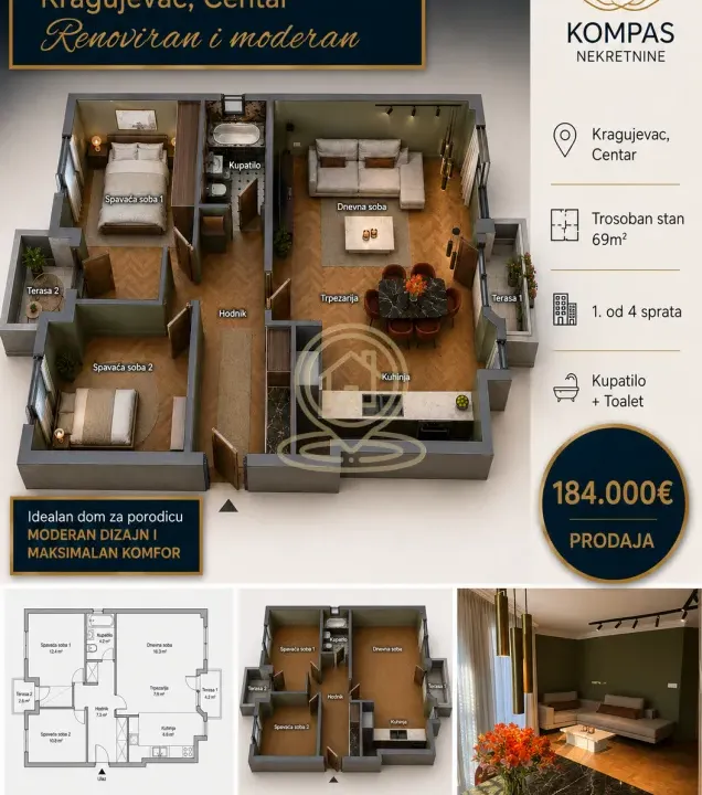 Sale, three bedroom apartment, 69m², Centar, Kragujevac