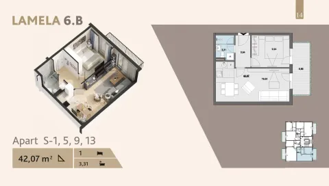 Trodimenzionalni i dvodimenzionalni prikaz osnove jednosobnog stana površine 42,07 kvadratnih metara. - image 5