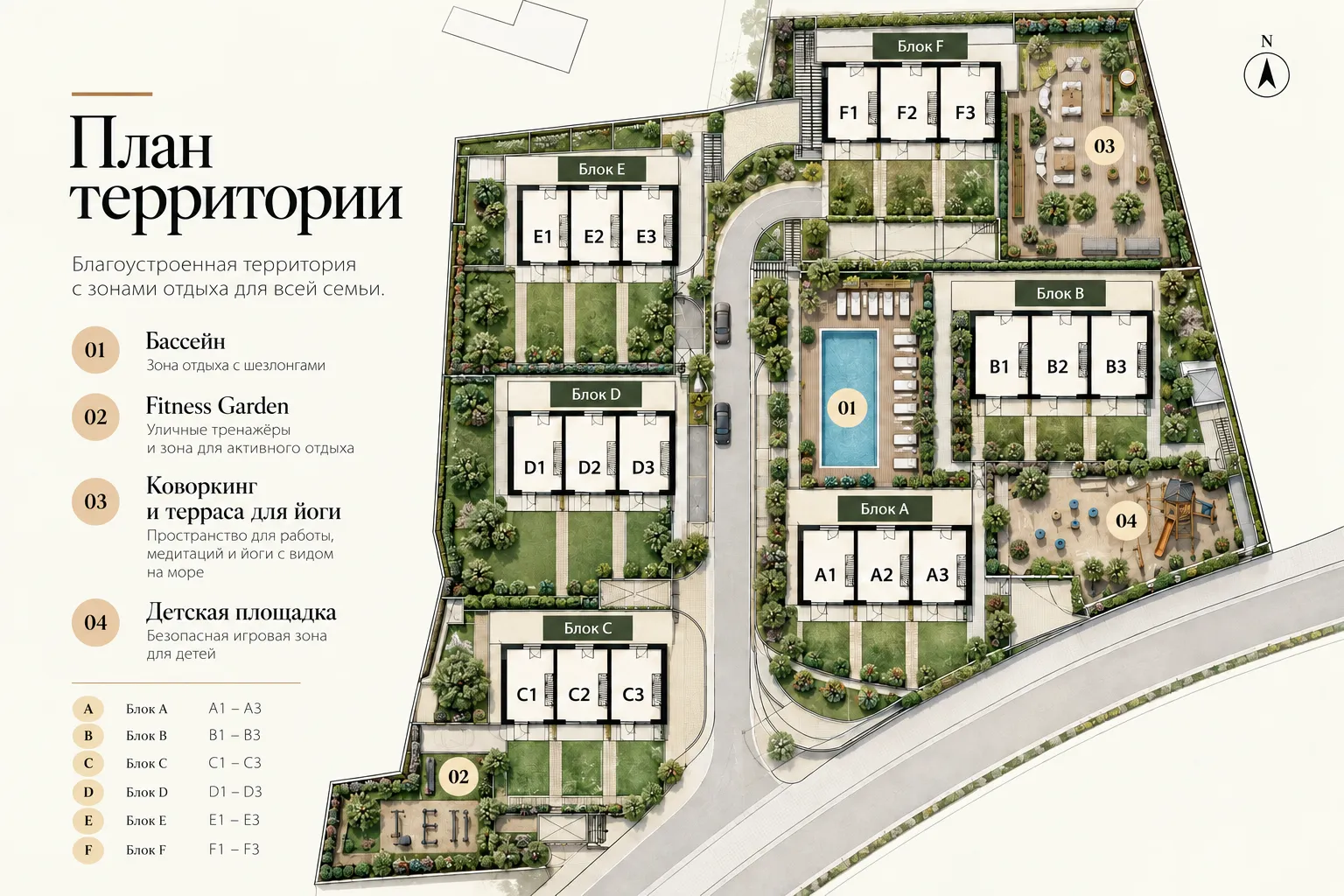 Arhitektonski plan teritorije stambenog kompleksa sa objektima i pratećim sadržajima.