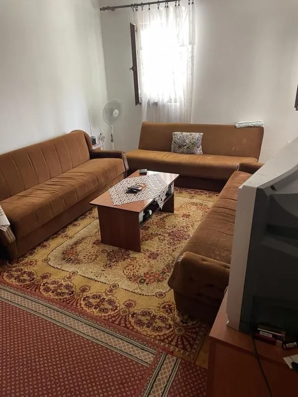 Living room with seating furniture and rugs.