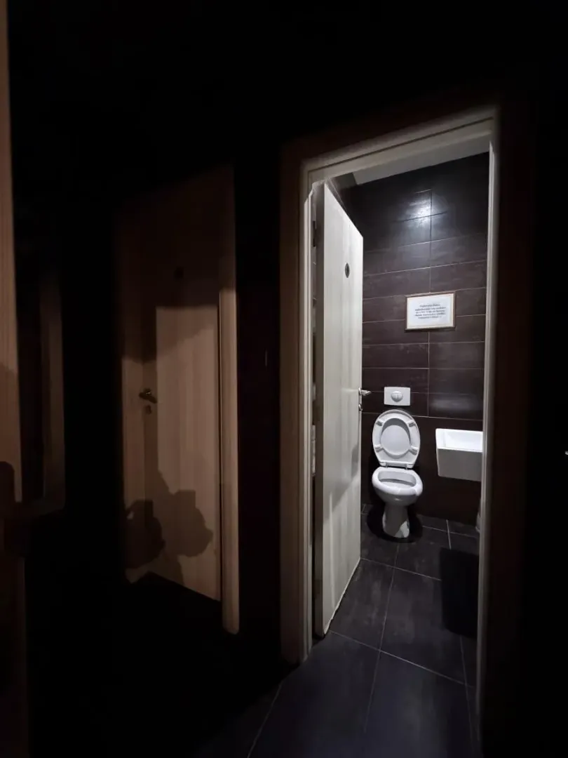 View from the hallway into the bathroom with dark tiles and a toilet.