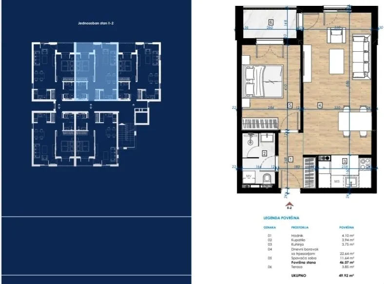 Prodaja, jednosoban stan, 50m², Dahna, Podgorica