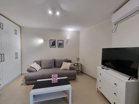 Living room with a grey sofa, white chest of drawers, and a TV. - image 8
