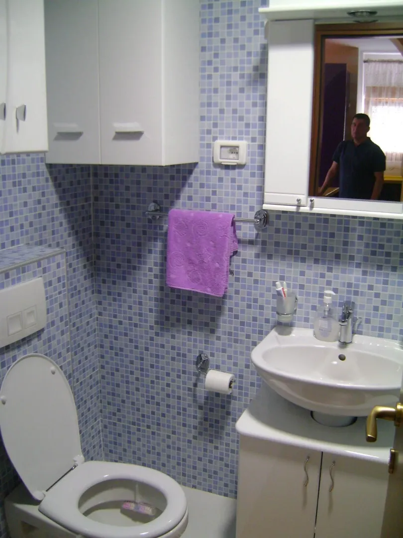 Kupatilo sa plavim mozaik pločicama, lavaboom i toaletom.