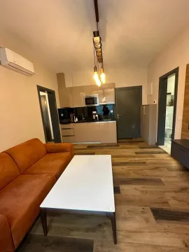 Living room with a sofa and a built-in kitchen in the background. - image 11