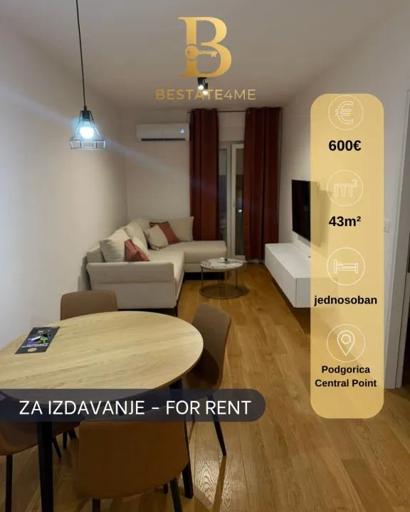 Rent, one bedroom apartment, 43m², Central Point, Podgorica