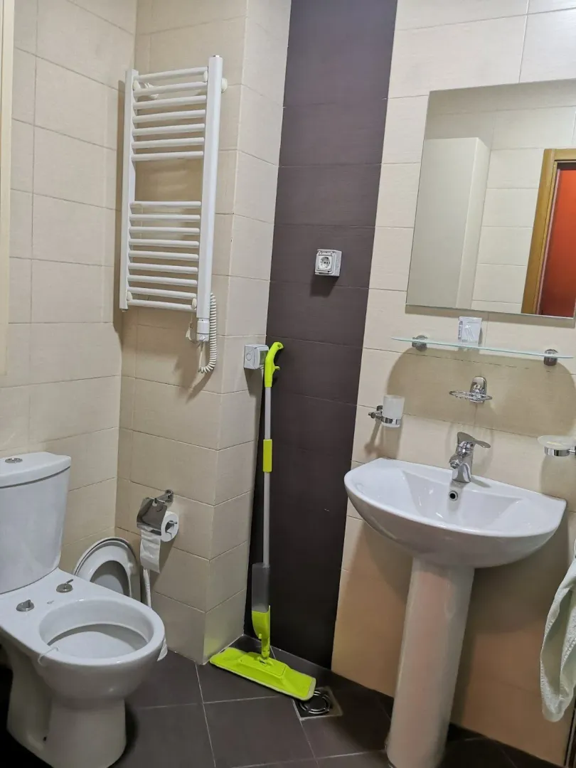 Svijetlo kupatilo sa umivaonikom, ogledalom i toaletnom šoljom.