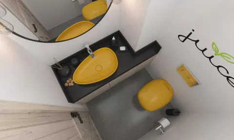 Top-down view of a bathroom with a yellow sink and toilet. - image 10