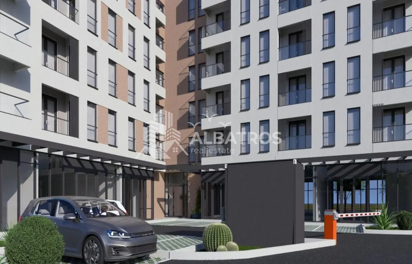 Spoljni izgled stambene zgrade sa dvorištem i parkingom.
