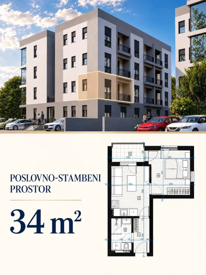 Prikaz stambene zgrade i osnove stana površine 34 kvadratna metra.