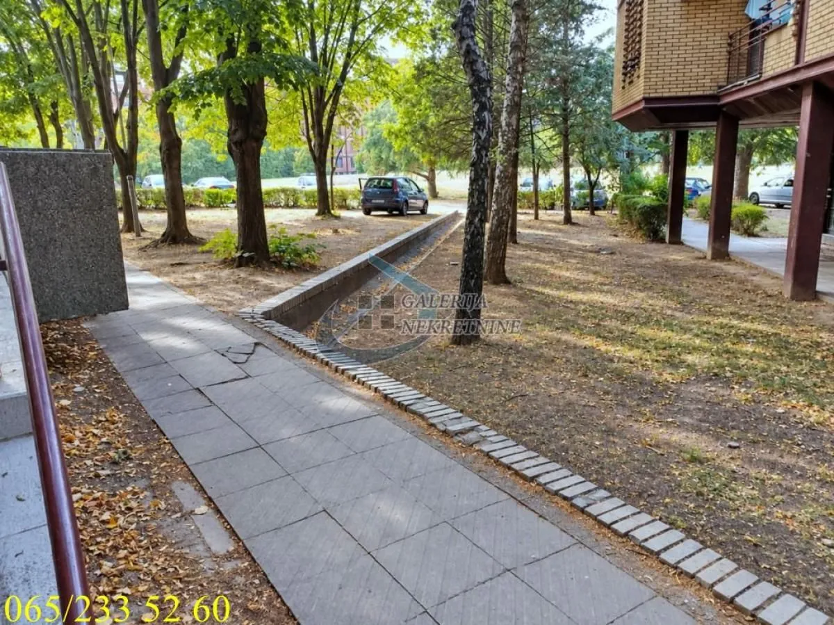 Pogled na uređeno dvorište i prilaznu stazu ispred zgrade.