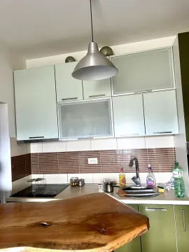 Kuhinja sa svijetlim elementima i drvenim šankom. - image 6