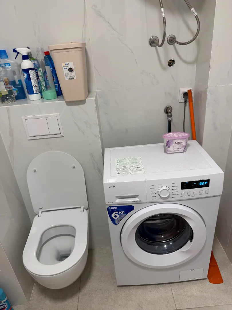 Bathroom with toilet and washing machine.