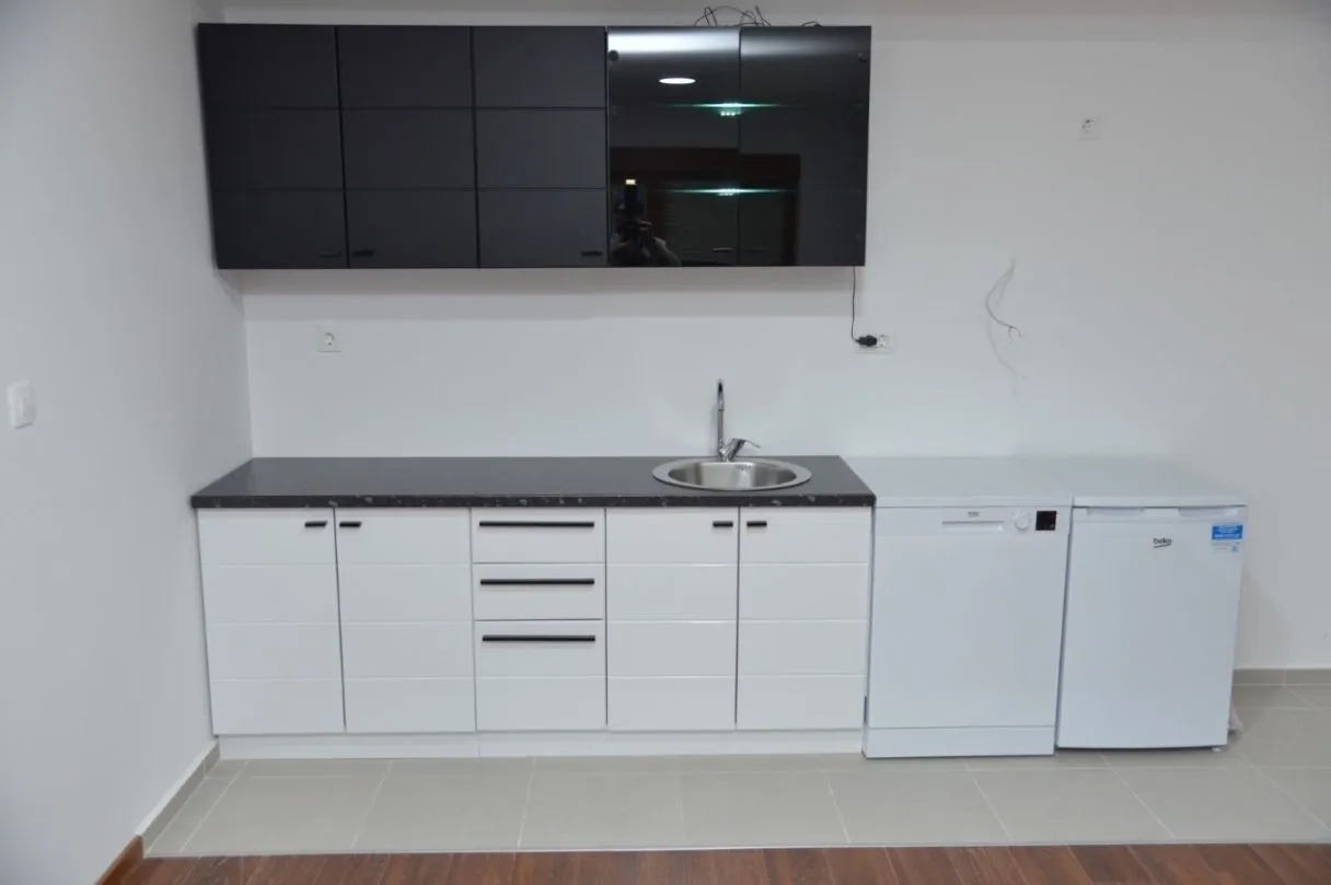 Modern kitchen with white and black cabinets.