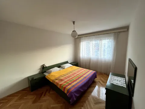 Spavaća soba sa bračnim krevetom, parketom i ormarom. - image 6