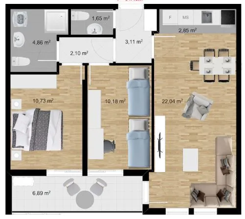 Prodaja, dvosoban stan, 71m², Stari Aerodrom, Podgorica - Plan prostora