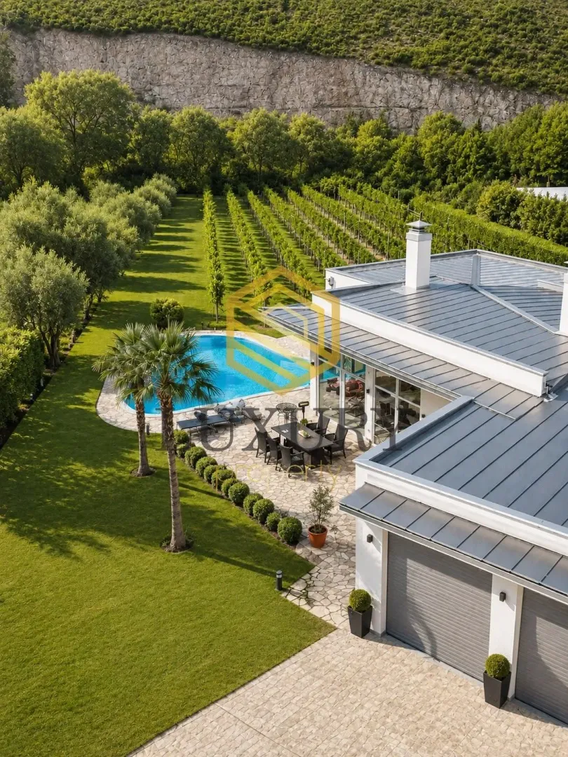 Aerial view of a modern house with a swimming pool and landscaped yard.