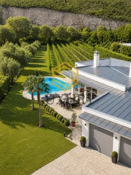 Aerial view of a modern house with a swimming pool and landscaped yard. - image 5