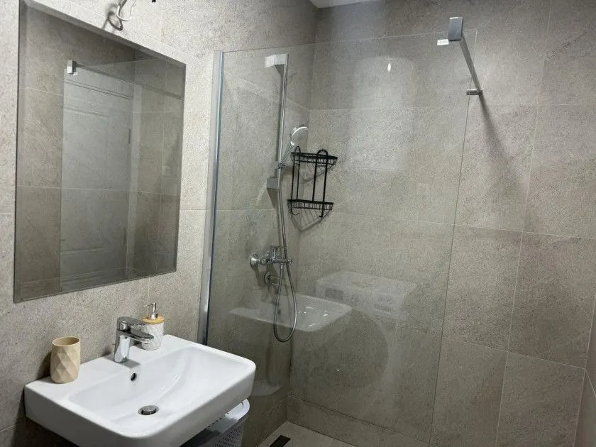 Modern bathroom with a walk-in shower and a sink.