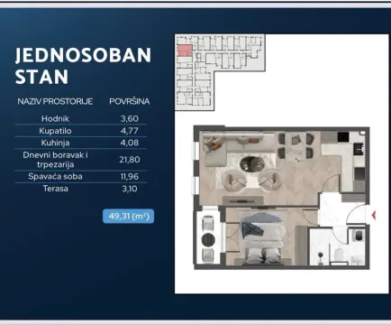 Grafički prikaz osnove jednosobnog stana sa rasporedom prostorija i površinama. - image 2