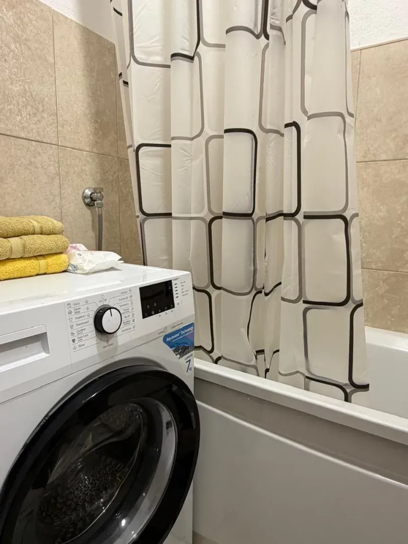 Bathroom with a bathtub, washing machine, and shower curtain.