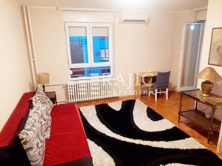 Living room with a sofa, rug, and window.