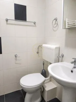 Pogled na kupatilo sa WC šoljom, umivaonikom i pločicama na zidovima. - image 10