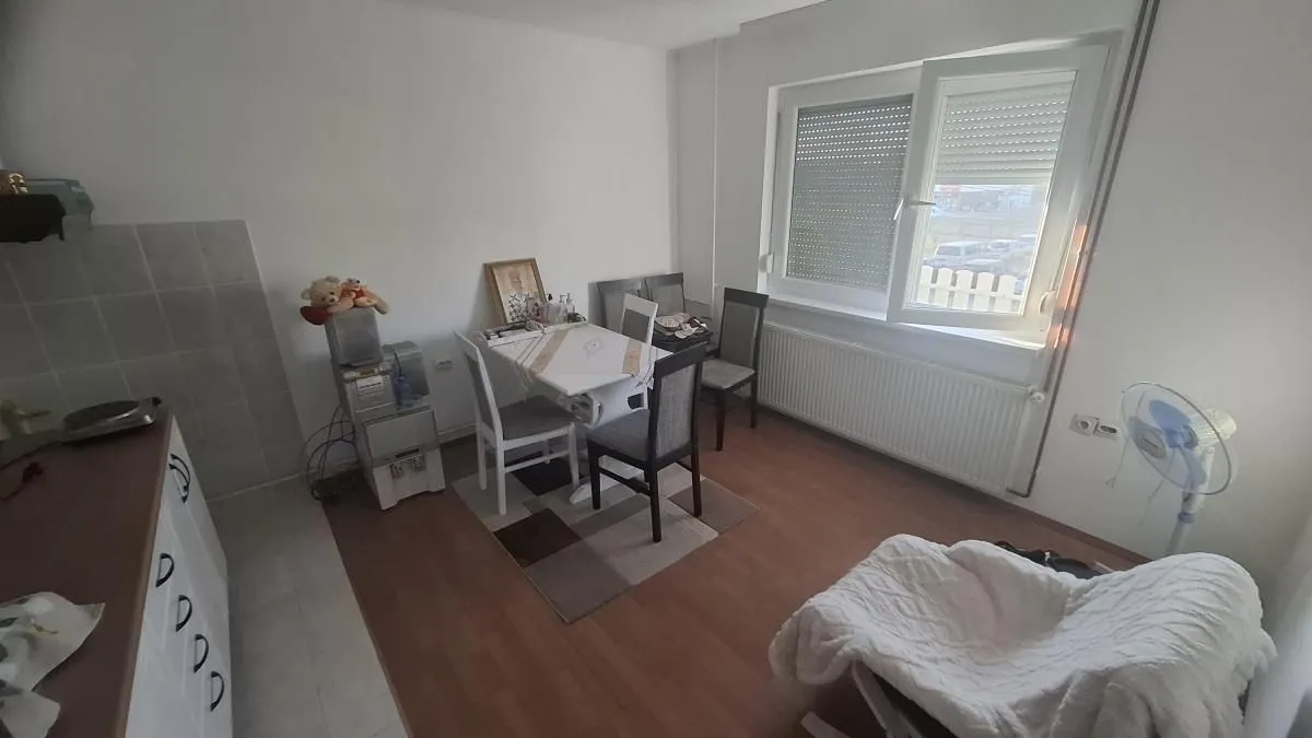 Dnevni boravak sa trpezarijskim stolom i prozorom.