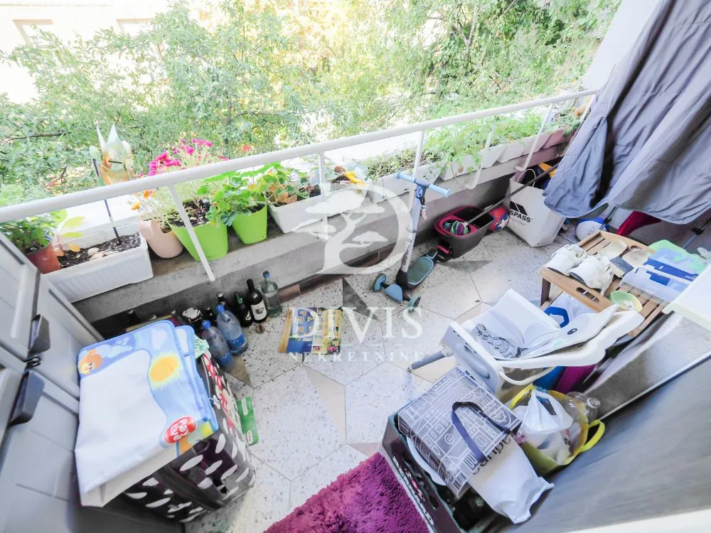 Nenamesten balkon sa saksijama cveća i različitim predmetima.