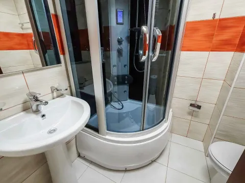 Bathroom equipped with a washbasin, shower cabin, and toilet. - image 4