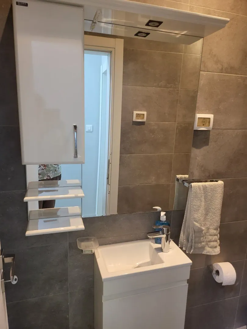 Modern bathroom with a white sink and mirror.