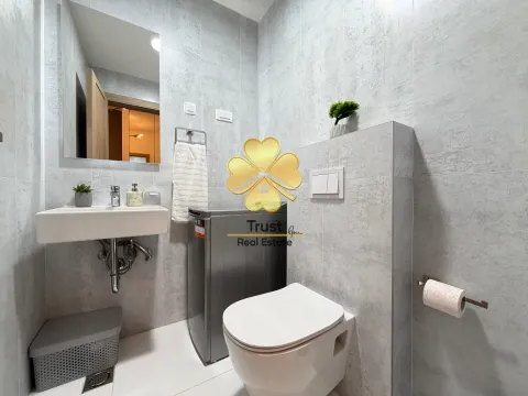 Modernly equipped bathroom with a washbasin, toilet, and washing machine. - image 12