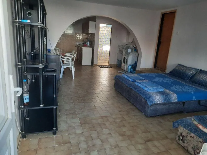 Spacious living room with a bed and a view of the kitchen in the background.