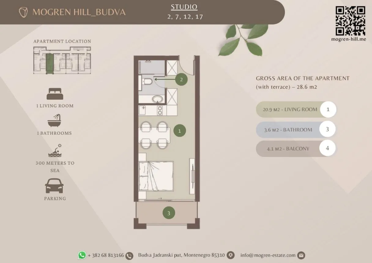 Prodaja, garsonjera, 28m², Komoševina, Budva