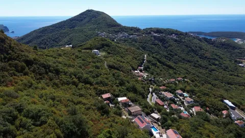 Pogled iz vazduha na brdoviti pejzaž sa šumom, naseljima i morem u pozadini. - image 5