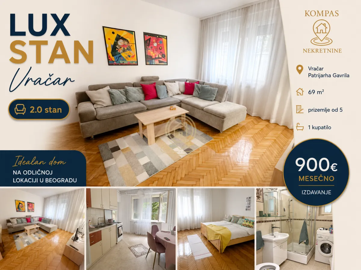 Rent, two bedroom apartment, 69m², Vračar Sve Podlokacije, Beograd