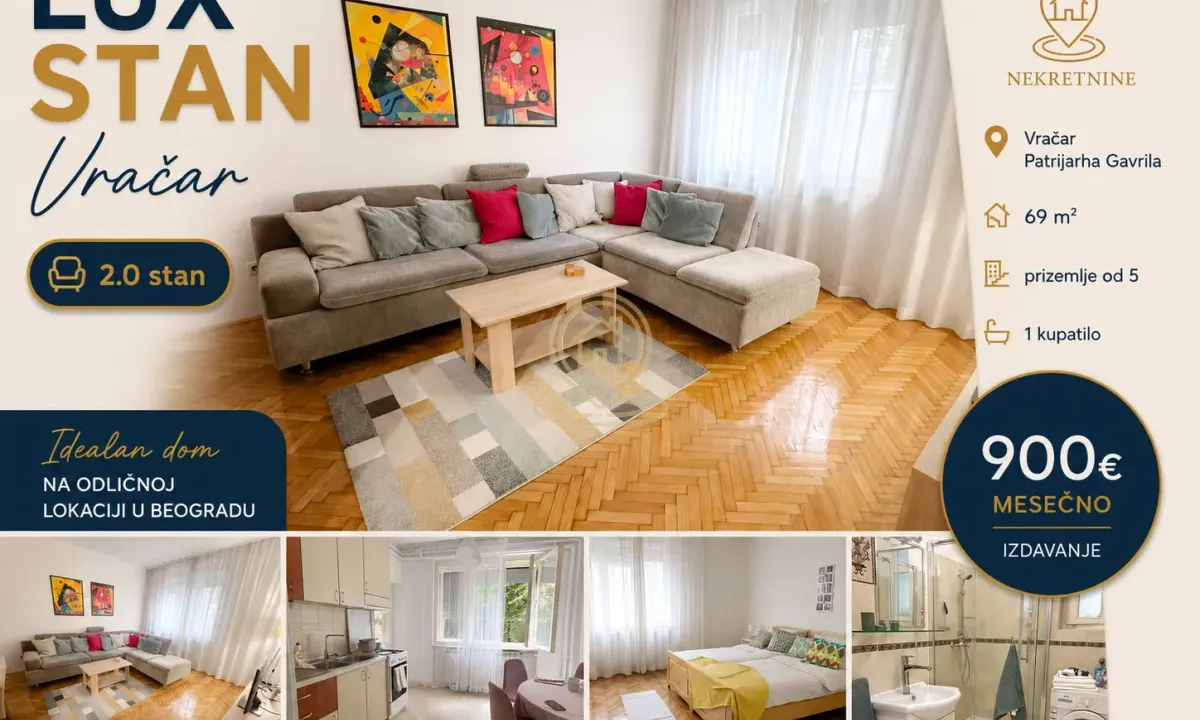Rent, two bedroom apartment, 69m², Vračar Sve Podlokacije, Beograd