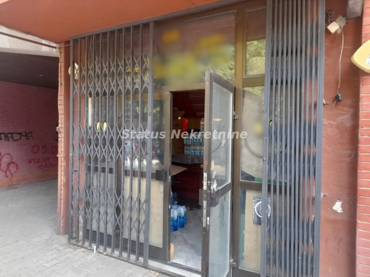 Entrance to a commercial space with security grills and glass doors.